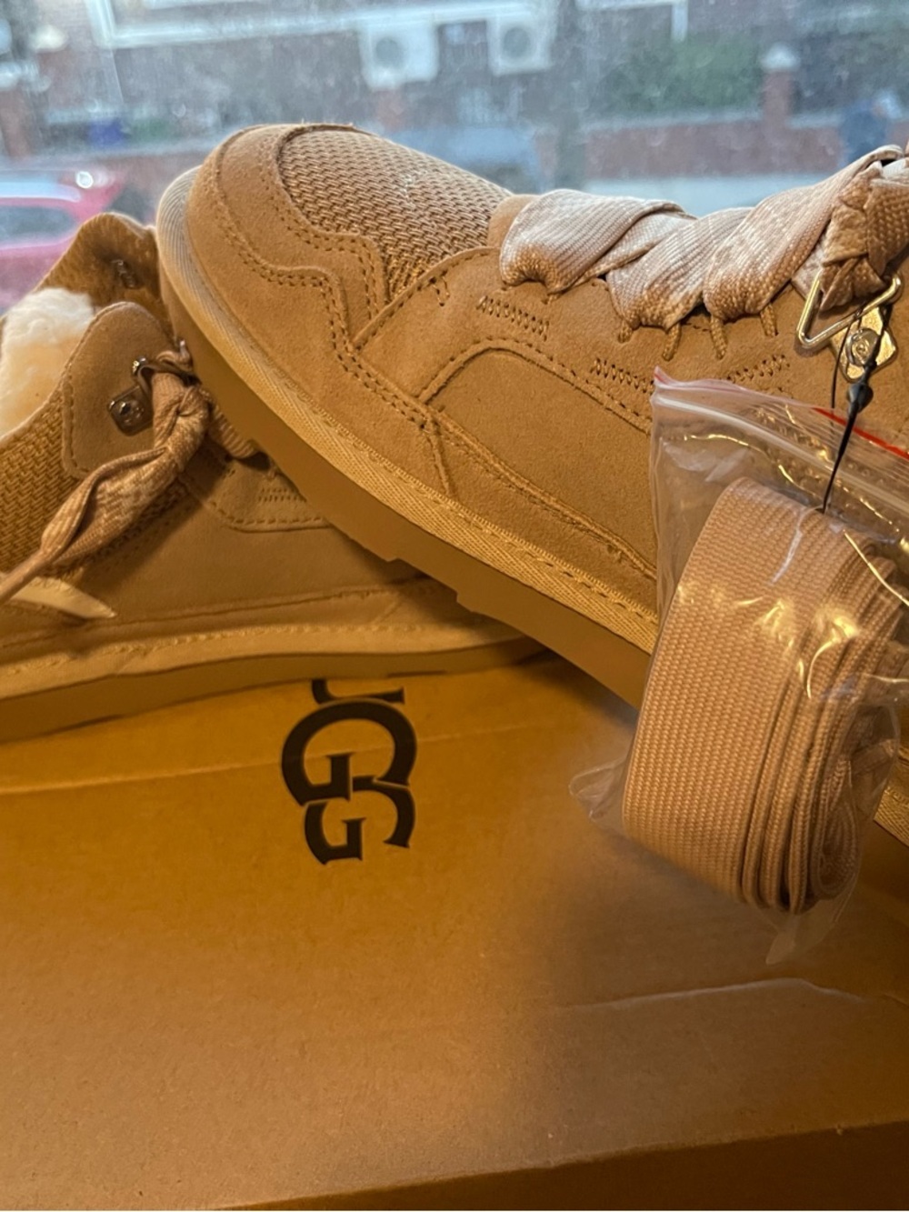 UGG Light Tan Suede High-Top Sneaker with Shearling Collar